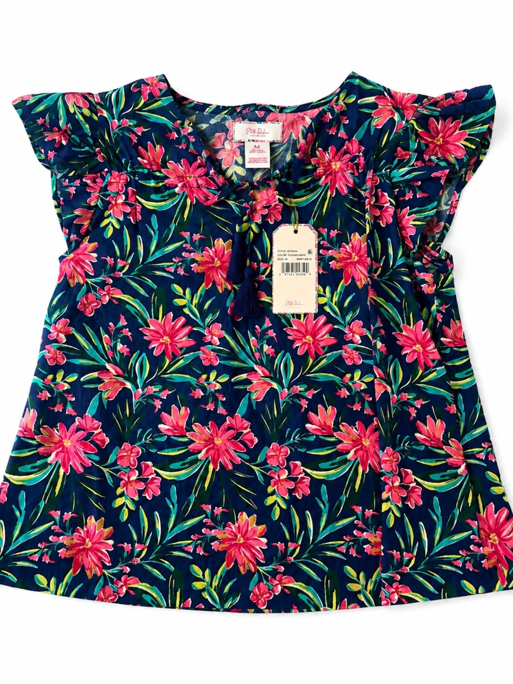 Stella Parker Pink Platinum Navy Floral Flutter Sleeve Top with Pink Flowers